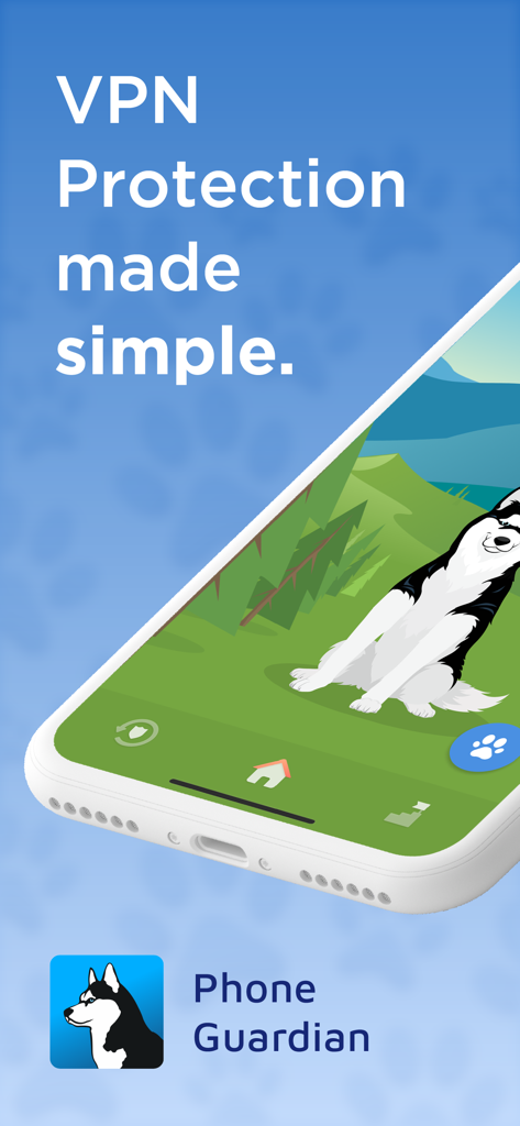 Phone Guardian Safe Mobile VPN - Interfaz de la aplicación Phone Guardian con la mascota Max el Husky y el texto Protección VPN simplificada.
