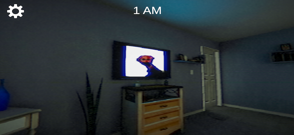 A distorted figure appearing on a TV screen inside a dark bedroom at 1 AM in The Boiled One horror game.