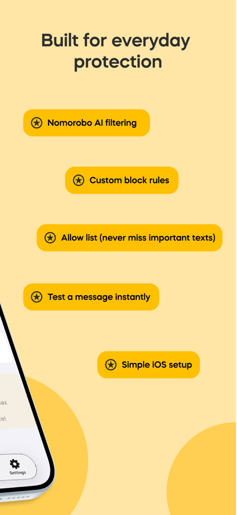 Key features of Spam Text Blocker by Nomorobo including AI filtering custom block rules and simple iOS setup
