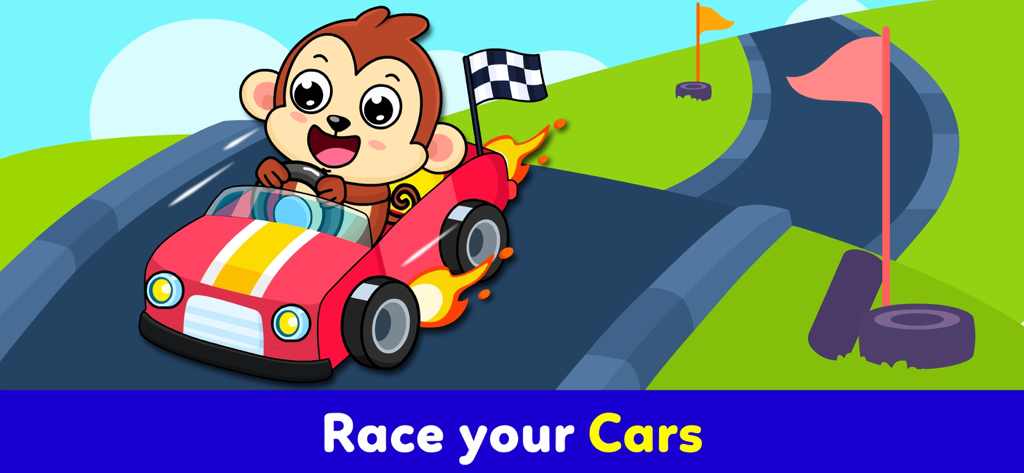 A cartoon monkey driving a red racing car on a track with the text Race your Cars