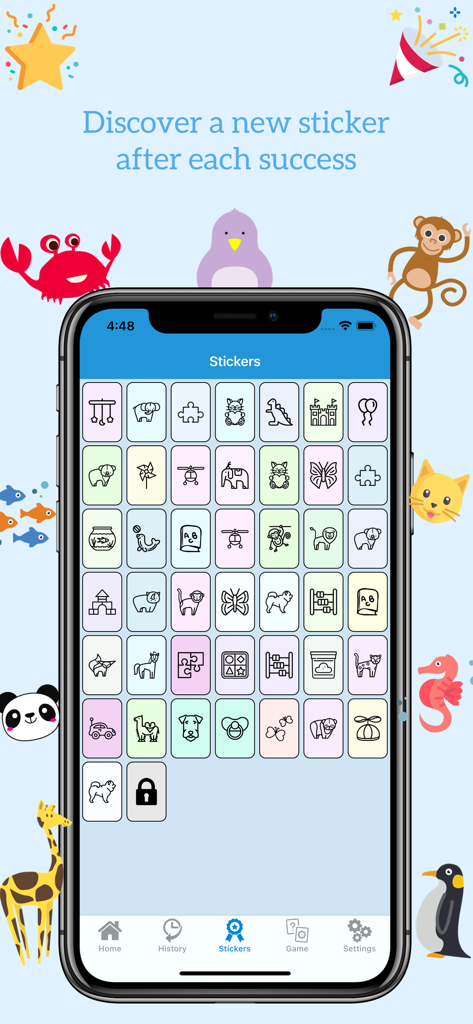 Potty Toilet Training - Smartphone-Bildschirm mit einer Sammlung freischaltbarer Sticker-Belohnungen für Kinder mit Tier- und Spielzeug-Icons.