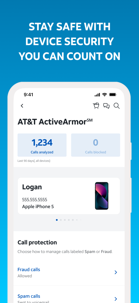 Interface of the AT&T ActiveArmor feature within the myAT&T app showing call protection stats and fraud call settings for a mobile device.