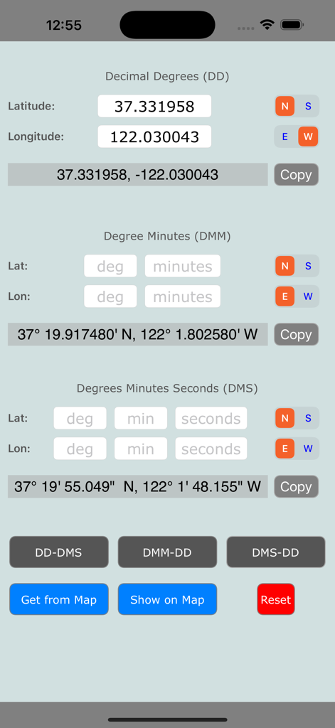 Coordinate Convertor Pro HD - Interface de Coordinate Convertor Pro HD montrant la conversion entre les formats Degrés Décimaux, Degrés Minutes et Degrés Minutes Secondes