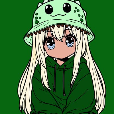 girl with anime shaped eyes with a dinosaur bucket hat oversized sweatshirt long straight hair