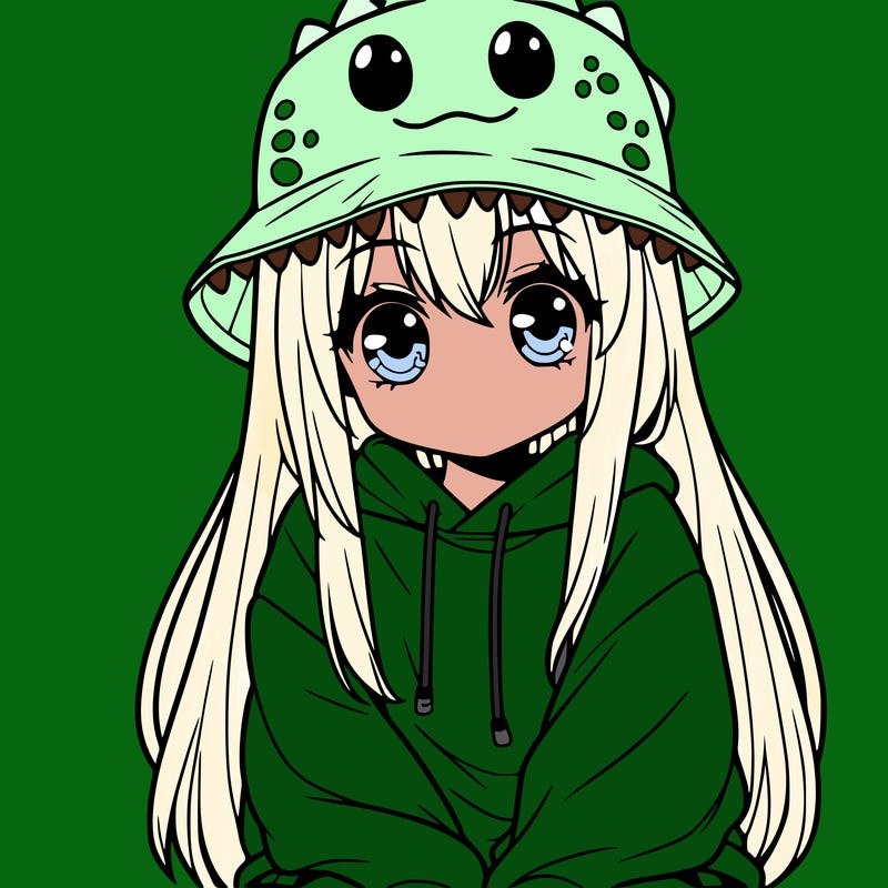 girl with anime shaped eyes with a dinosaur bucket hat oversized sweatshirt long straight hair