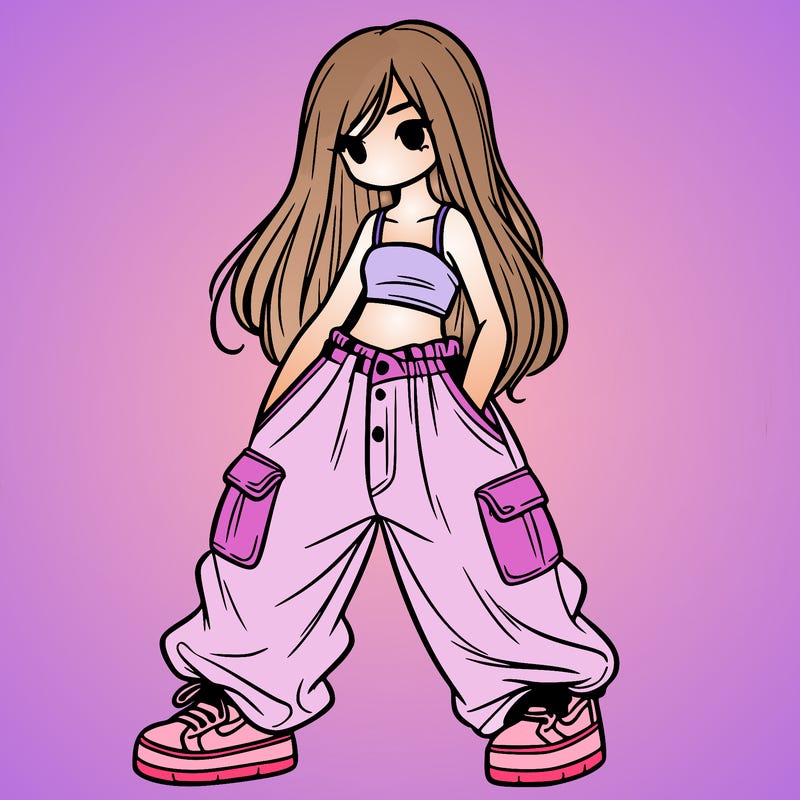 girl in baggy pants, crop top, and long hair