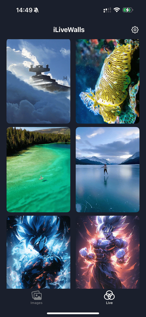iLiveWalls - Live Wallpaper 4k - Screenshot of the iLiveWalls app interface displaying a grid of diverse 4k wallpapers including cinematic, nature, and anime designs.