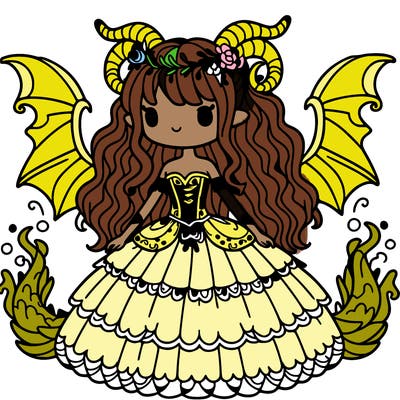 a girl wearing a mythical dress with dragon wings, tail, and horns