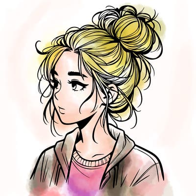 realistic teenage girl with a messy bun
