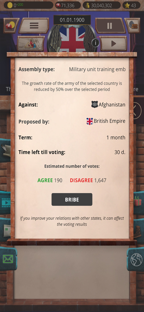20th c 1 – President Simulator - In-game assembly voting menu showing a military proposal with a bribe button in the 20th century president simulator