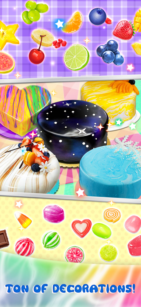 Galaxy Mirror Glaze Cake - Una variedad de pasteles de glaseado espejo de colores rodeados de frutas y dulces decorativos