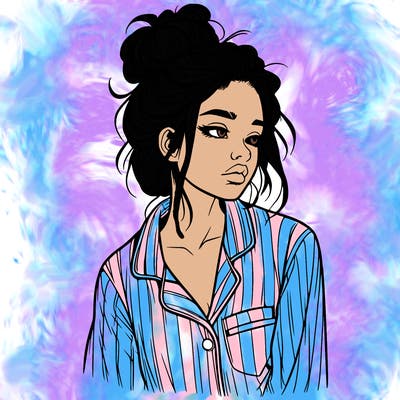 realistic woman with pajamas on and a messy bun