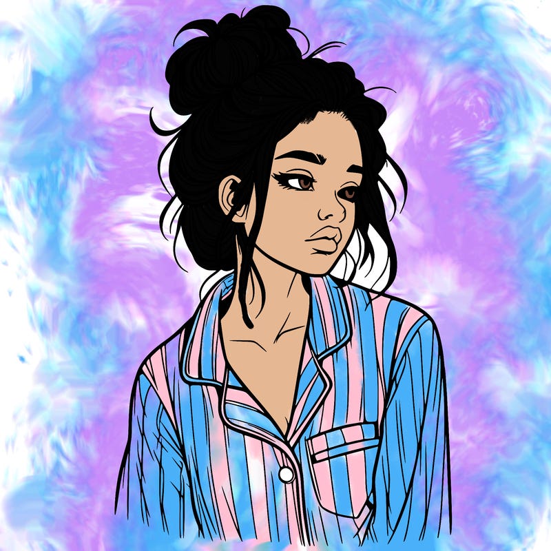realistic woman with pajamas on and a messy bun
