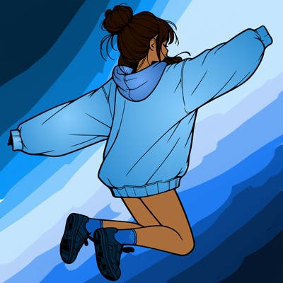 realistic girl jumping with a bun and oversized sweatshirt