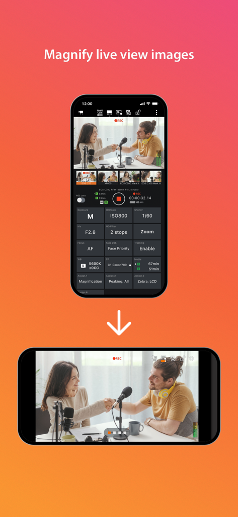 Canon Multi-Camera Control - Canon Multi-Camera Control app interface showing a live view image of a podcast interview magnified to full screen on a smartphone