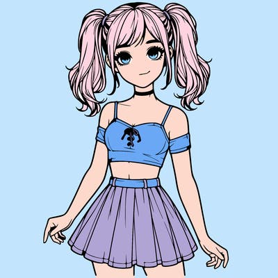 realistic girl in a skirt crop top and pigtails