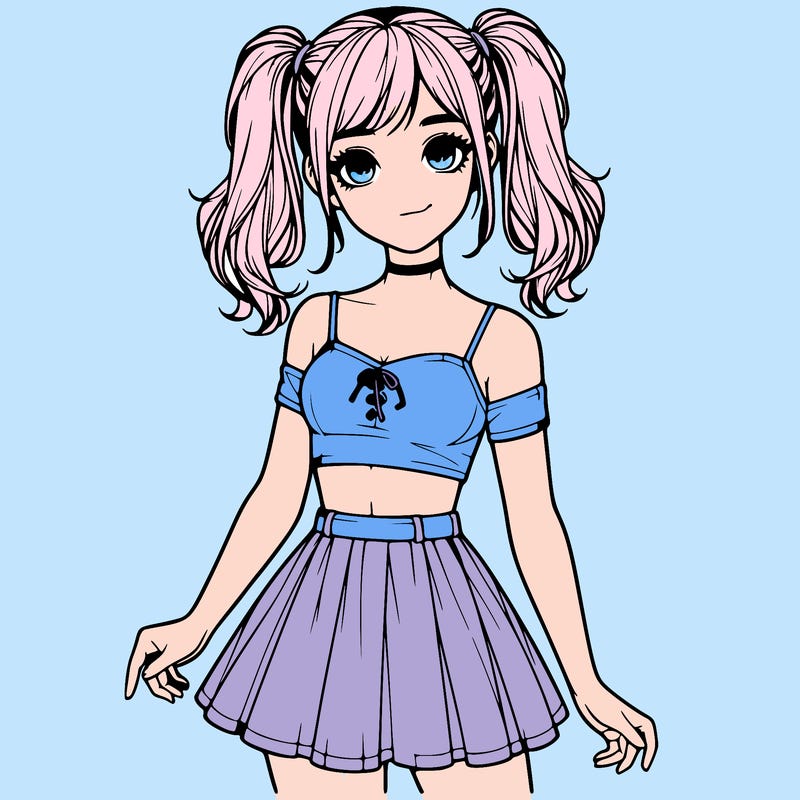 realistic girl in a skirt crop top and pigtails