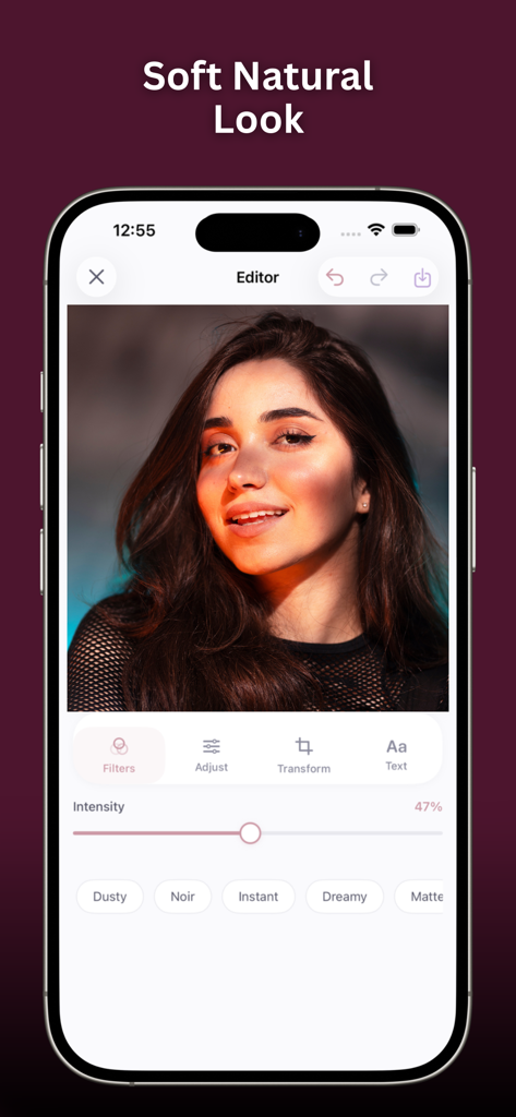 Photo Edit Studio++ - Interface of Photo Edit Studio plus plus app showing a portrait with a natural filter and intensity slider