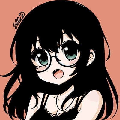 anime girl with black hair and blue glasses