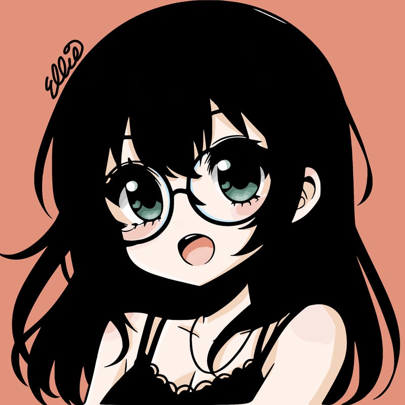 anime girl with black hair and blue glasses