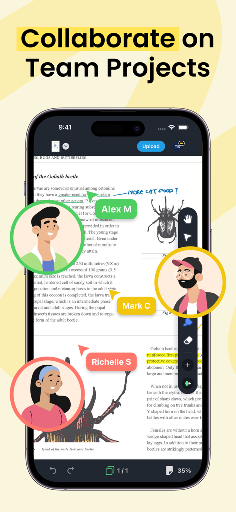 Real time team collaboration on a PDF document using Drawboard app on iPhone