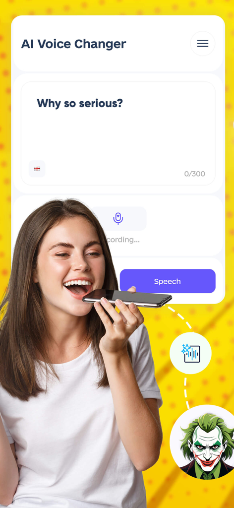 Magic Voice Changer: Prank App - A young woman using the AI Voice Changer app to transform her voice into the Joker character.