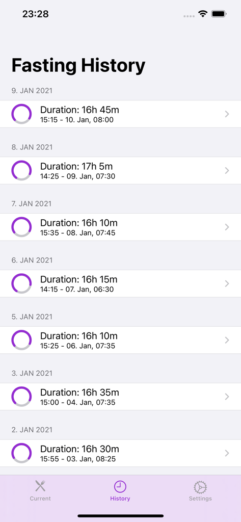 Fasting-Timer - Screenshot of the Fasting-Timer app history screen showing a list of daily intermittent fasting durations and timestamps.