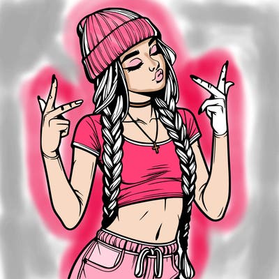 realistic teenage girl with braids and a beanie and crop top doing 🫶🏼
