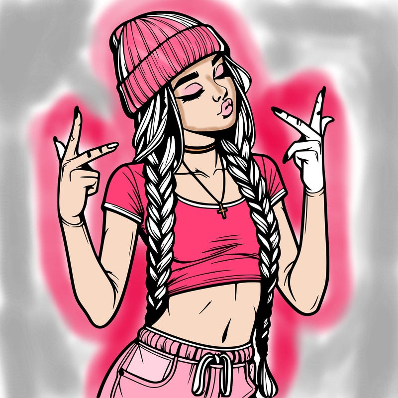 realistic teenage girl with braids and a beanie and crop top doing 🫶🏼