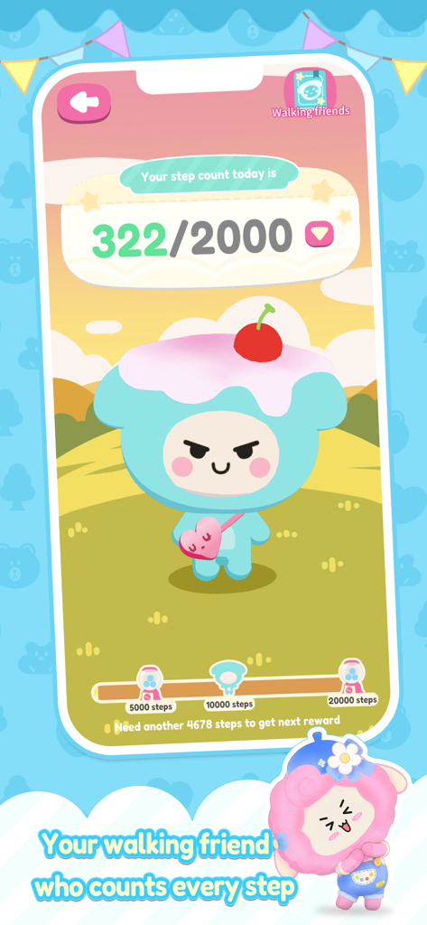 Kiboo AI walking friend screen displaying daily step count and progress rewards