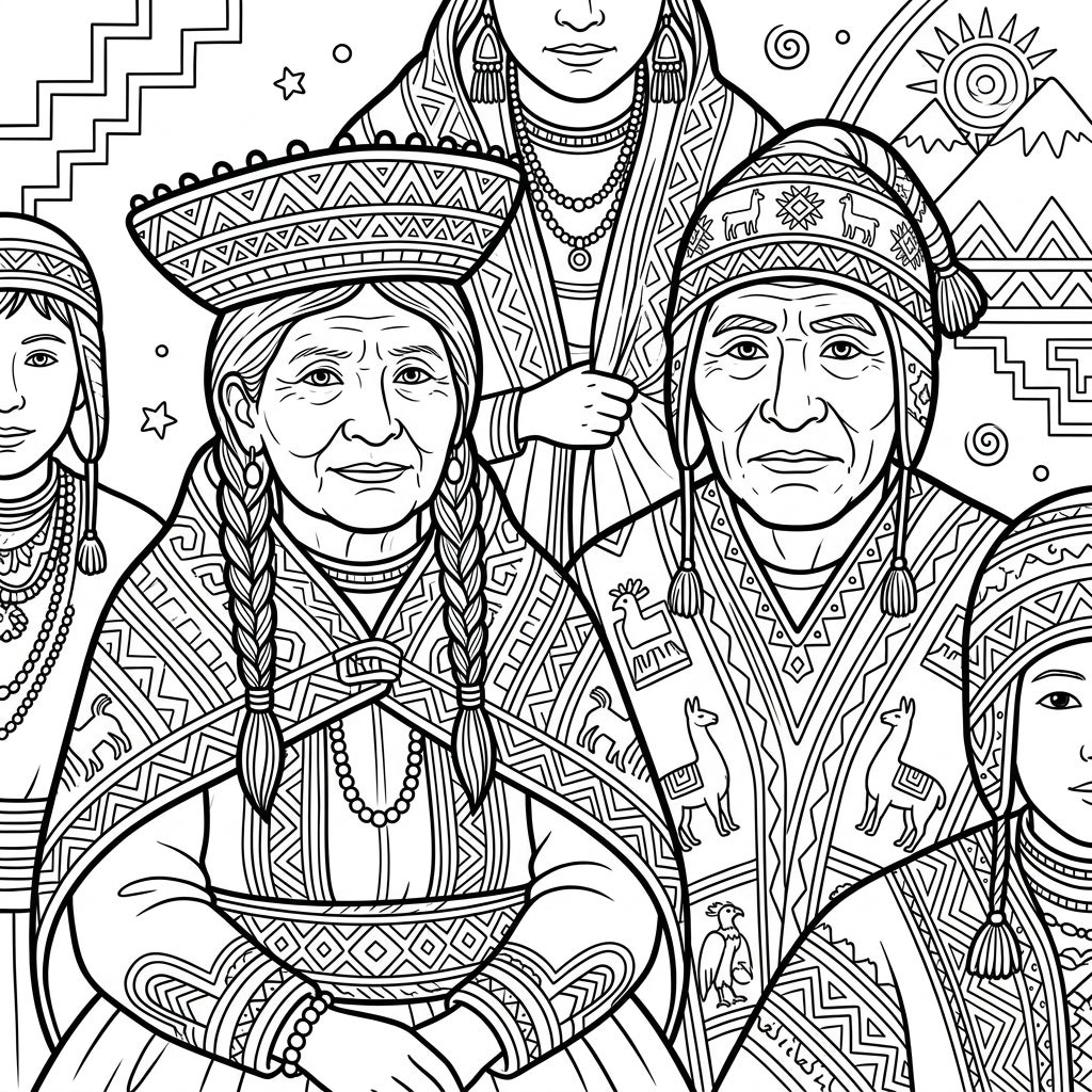Andean Indigenous Portraits Coloring Page | Traditional Art