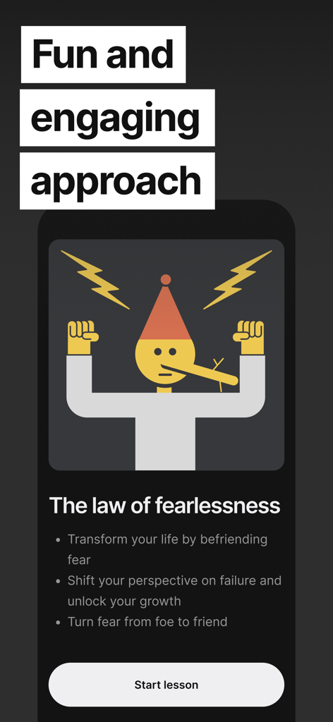 Skillsta: Social skill trainer - Skillsta app screen displaying a lesson titled The law of fearlessness with tips on personal growth.