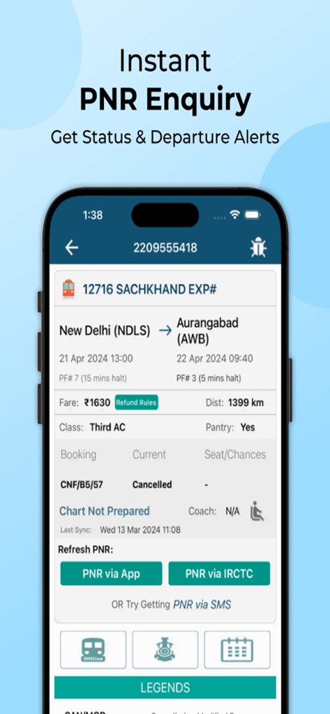 PNR, Live Train Status & Metro - Uma tela de aplicativo móvel mostrando uma consulta de PNR para uma viagem de trem das Ferrovias Indianas de Nova Delhi para Aurangabad com status ao vivo e alertas de partida.