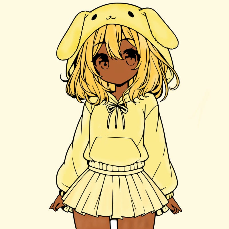 pretty anime girl wearing a fluffy hoodie with bunny ears on the hood and a skirt