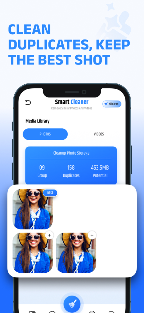 AI Phone Storage Cleaner app showing duplicate photo cleanup and best shot selection