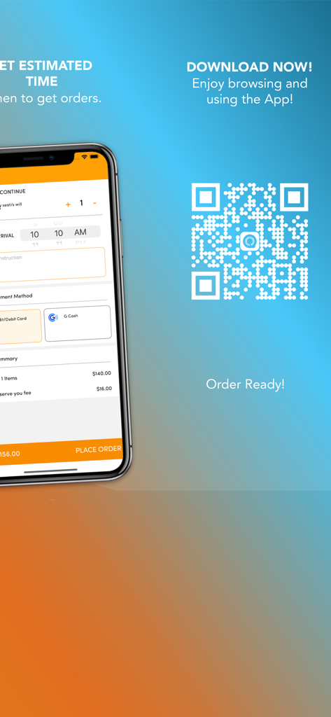 QRコードをダウンロードするための、ORder Readyチェックアウト画面を表示するスマートフォン。