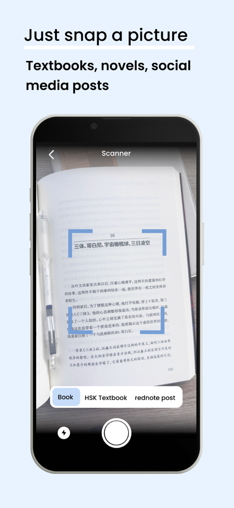 Novli - Learn Chinese - Interface do scanner do aplicativo Novli enquadrando uma página de livro em chinês para tradução instantânea