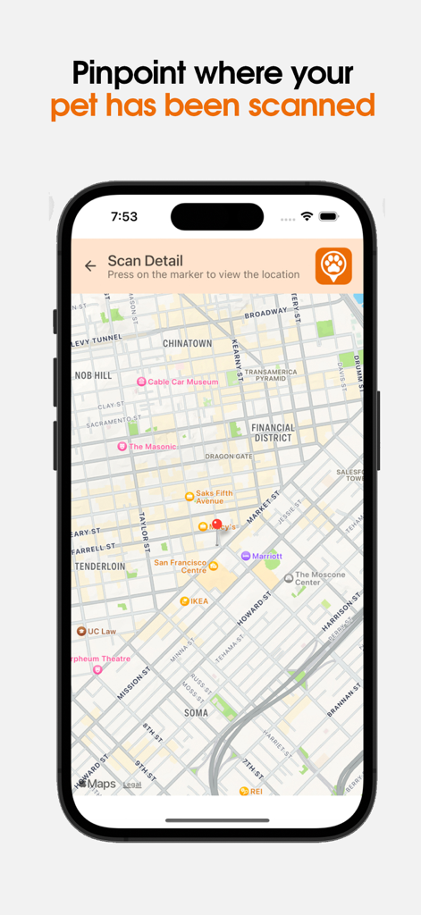 Gotcha! Lost & Found App - A smartphone displaying a map pinpointing the location where a pet tag was scanned in the Gotcha app