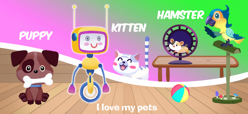 Kids Games & Singing Monsters - Schermata di un'app educativa per bambini per imparare il vocabolario degli animali domestici come cucciolo e gattino