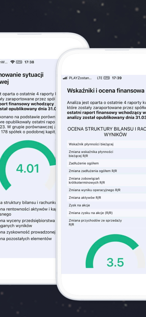 Interfaz de la aplicación móvil Squaber mostrando puntuaciones de evaluación financiera e indicadores del mercado de valores