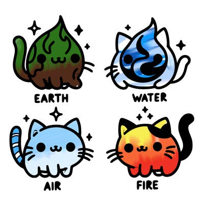 4 cats that represent the different elements, earth, water, air, and fire