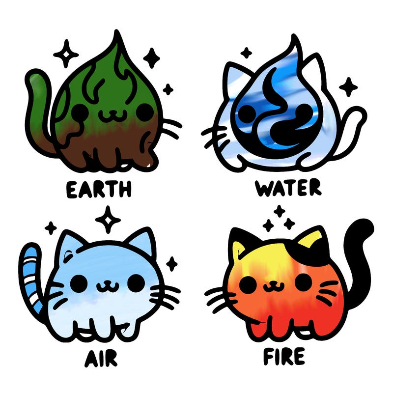 4 cats that represent the different elements, earth, water, air, and fire