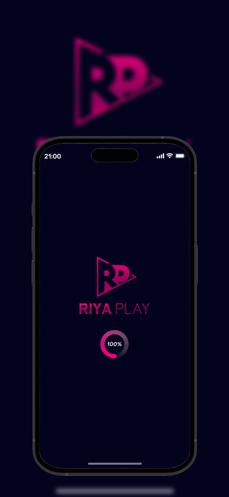 Riya Play - Riya Play app splash screen showing logo and 100 percent loading progress on a smartphone