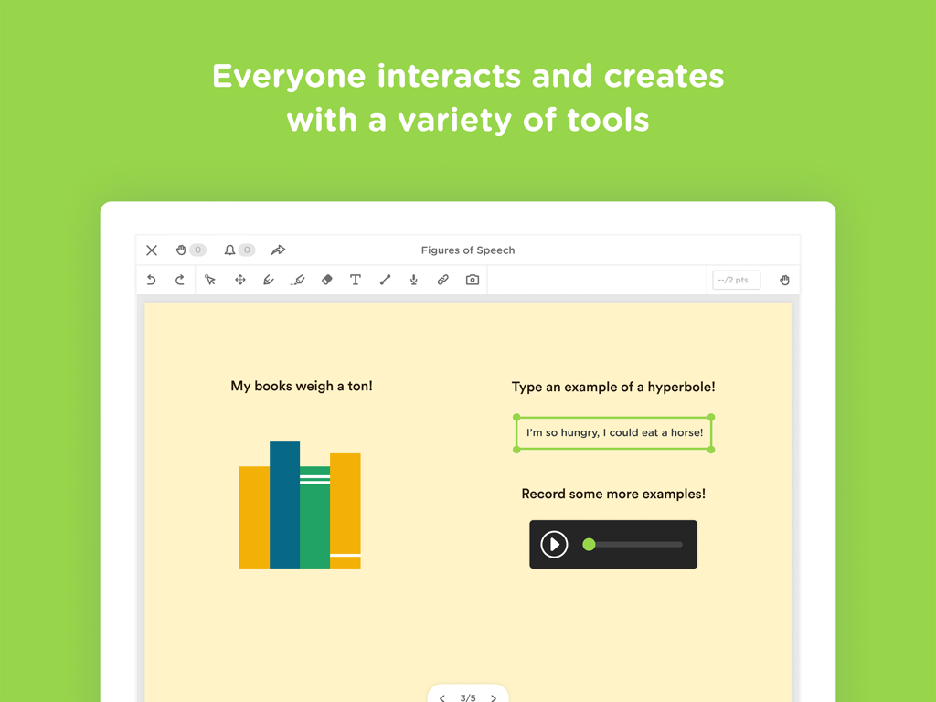 Classkick app interface showing a digital worksheet on figures of speech with various interactive creation tools