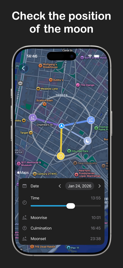 Moon Phase Calendar & Tracker - 精密な天体追跡のためのタイムスライダー付きで、月の軌道と位置を示すインタラクティブマップ