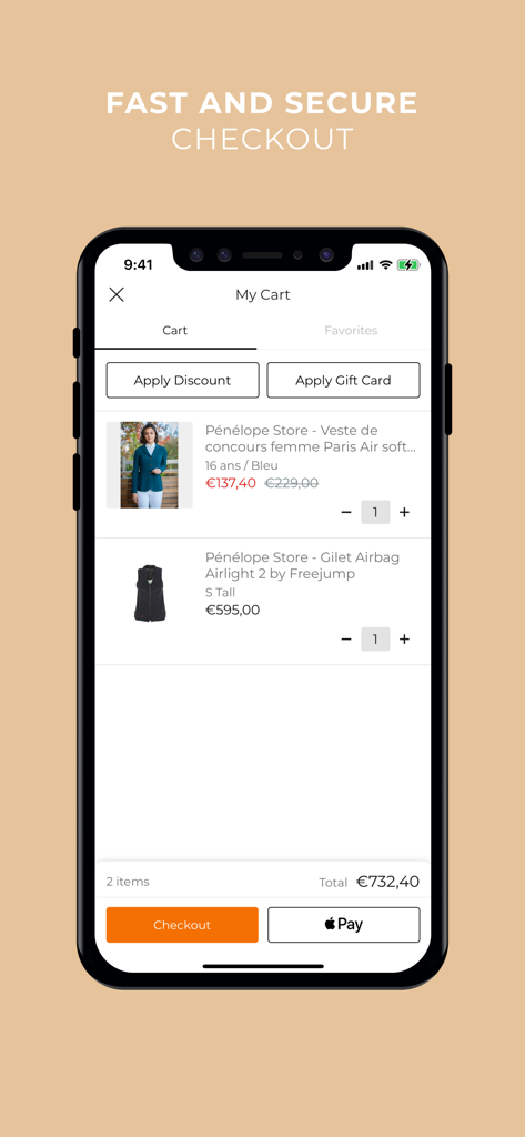 Ohlala Sellerie - Interface de panier d'achat mobile dans l'application Ohlala Sellerie affichant du matériel de compétition équestre et des options de paiement sécurisées
