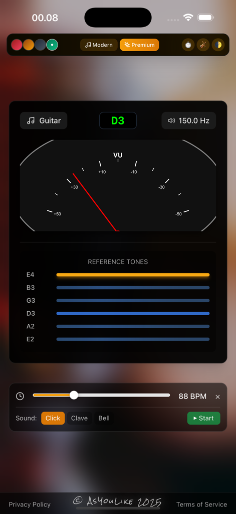 TuneMe Pro - La aplicación TuneMe Pro muestra una interfaz profesional de afinador de guitarra con tonos de referencia y un metrónomo integrado