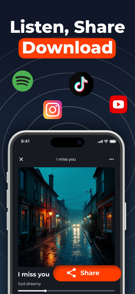 AI Song Generator - Rexa - Interface of Rexa AI Song Generator showing options to listen share and download custom music on TikTok Instagram and YouTube