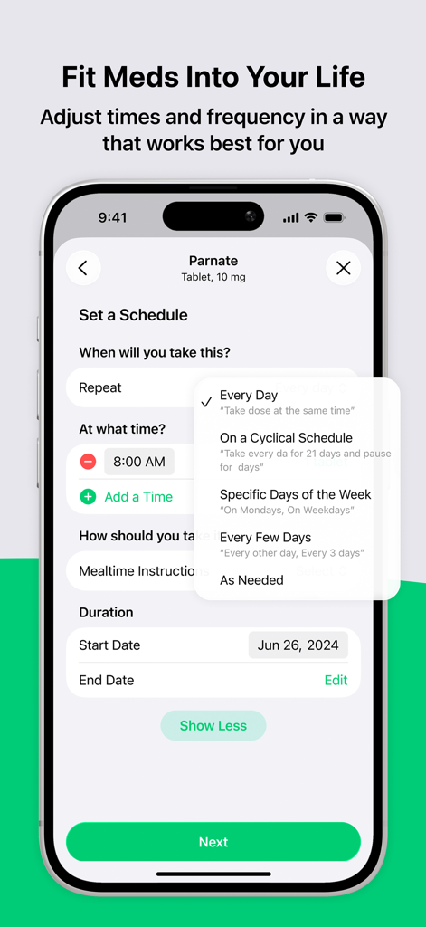 Pill Reminder for Family - Interface para configurar a frequência e o cronograma da medicação no aplicativo Pill Plan