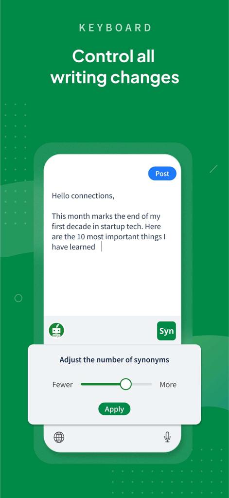 Interface du clavier mobile QuillBot avec un curseur pour ajuster le nombre de synonymes dans un brouillon de texte